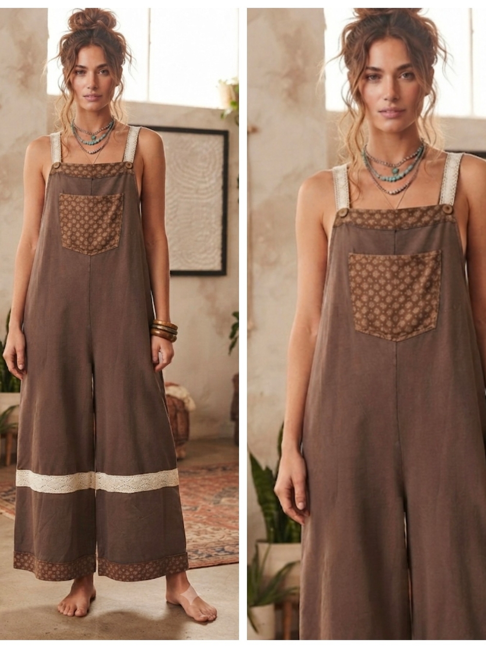 Boho Wide-Leg Brown Terry Fleece Floral Print Patchwork Overalls Jumpsuit
